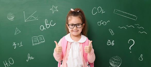 Image of School girl showing thumbs up near green chalkboard with drawings and inscriptions, banner design