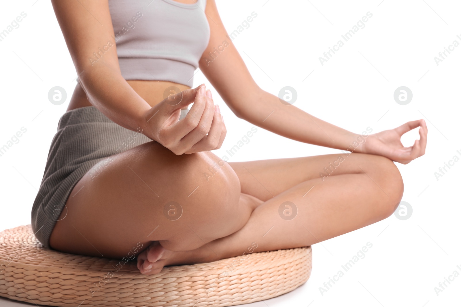 Photo of African-American woman meditating on white background, closeup