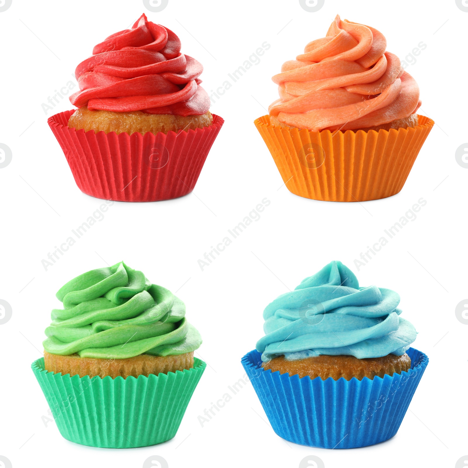 Image of Set of delicious birthday cupcakes on white background