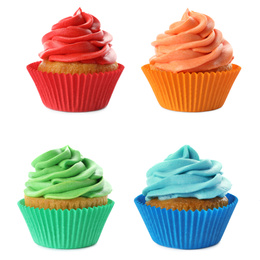 Image of Set of delicious birthday cupcakes on white background