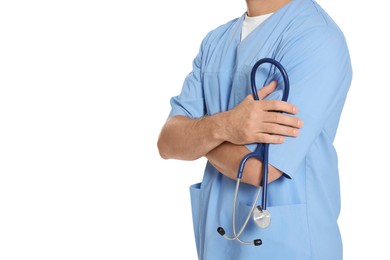 Photo of Doctor with stethoscope on white background, closeup