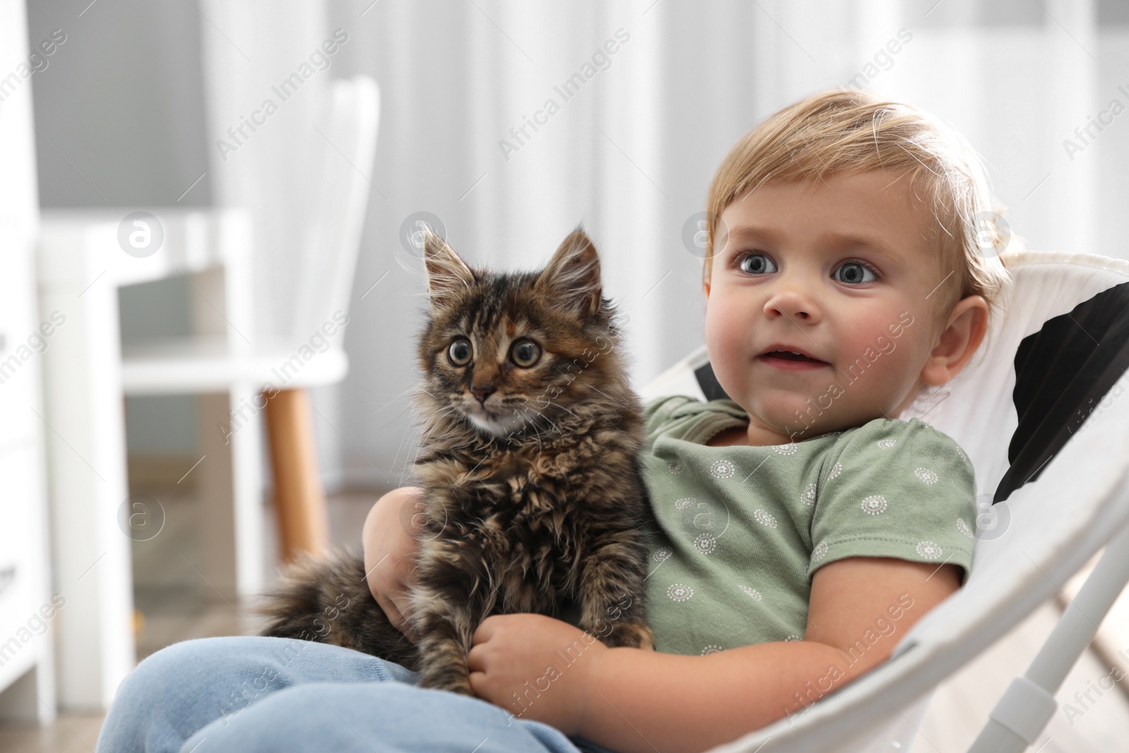 Photo of Cute little child with adorable pet sitting in armchair at home