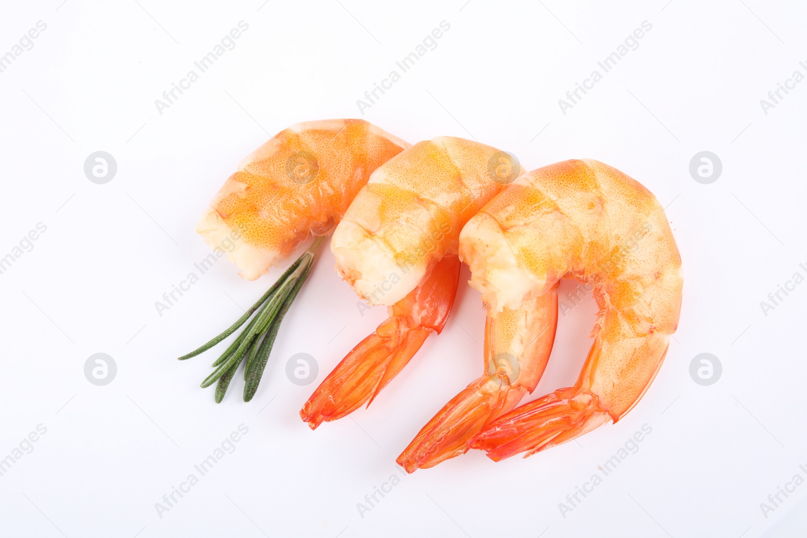 Photo of Delicious cooked shrimps and rosemary isolated on white