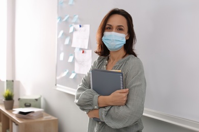 Teacher with protective mask and copybooks near board in classroom. Reopening after Covid-19 quarantine