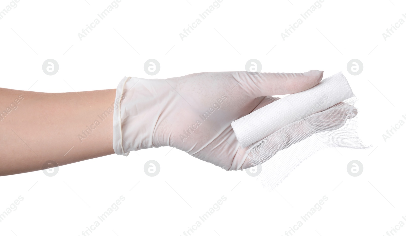 Photo of Doctor holding gauze bandage roll on white background, closeup