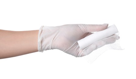 Photo of Doctor holding gauze bandage roll on white background, closeup