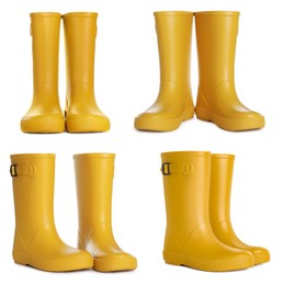Image of Set with yellow rubber boots on white background 