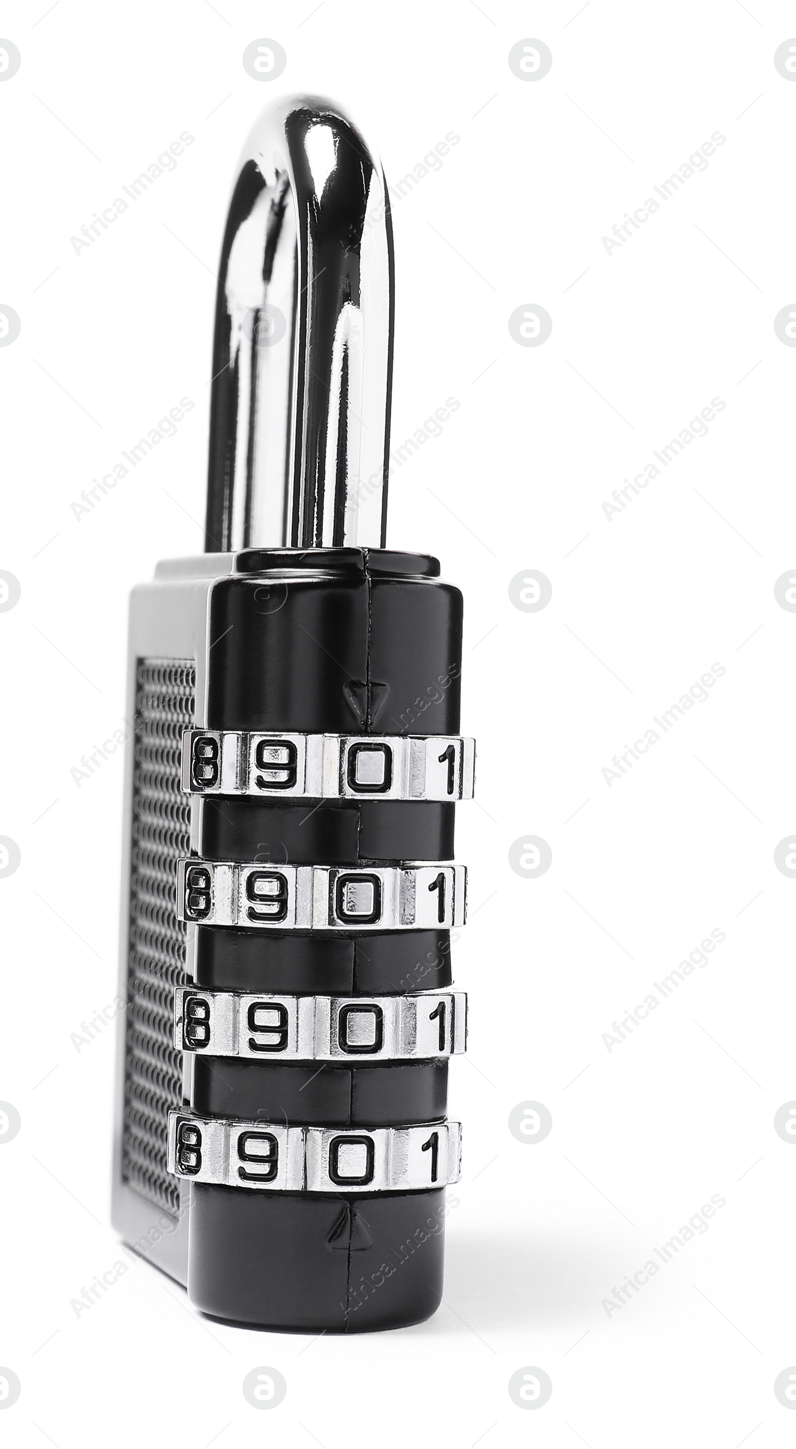 Photo of Locked steel combination padlock isolated on white