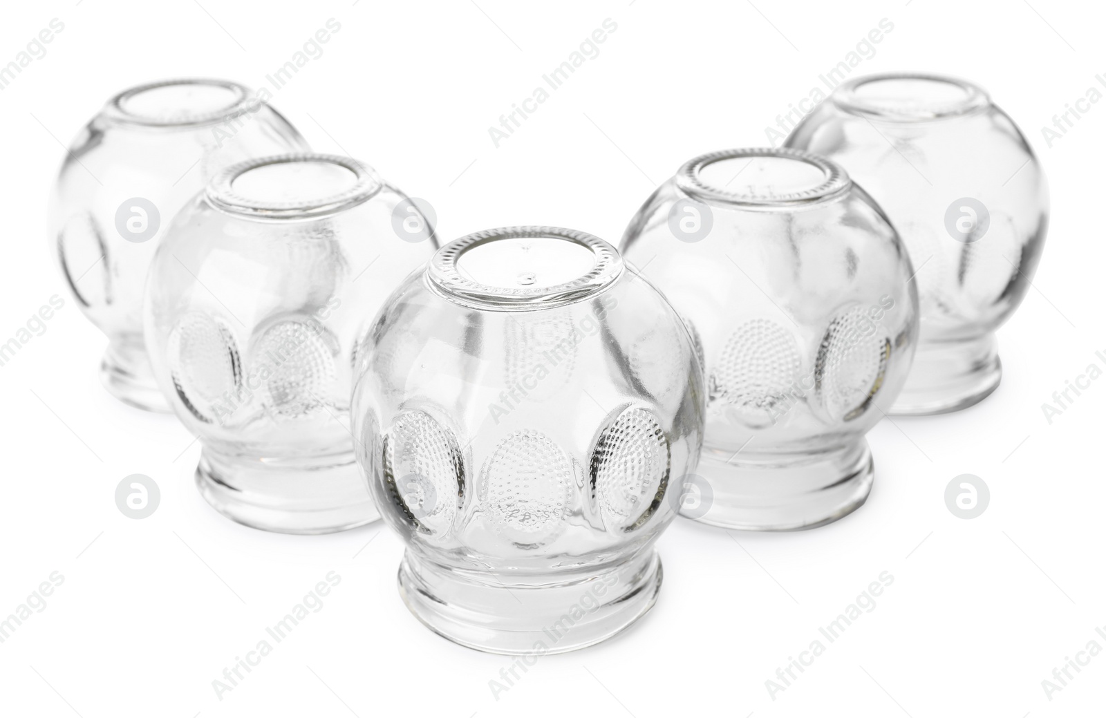 Photo of Many glass cups isolated on white. Cupping therapy