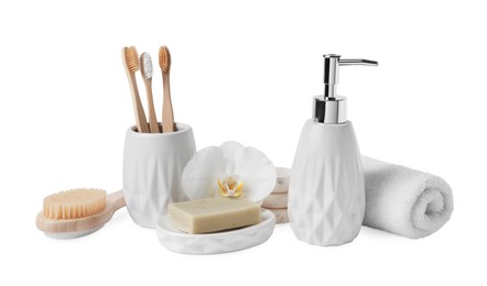 Photo of Bath accessories. Set of different personal care products and flower isolated on white