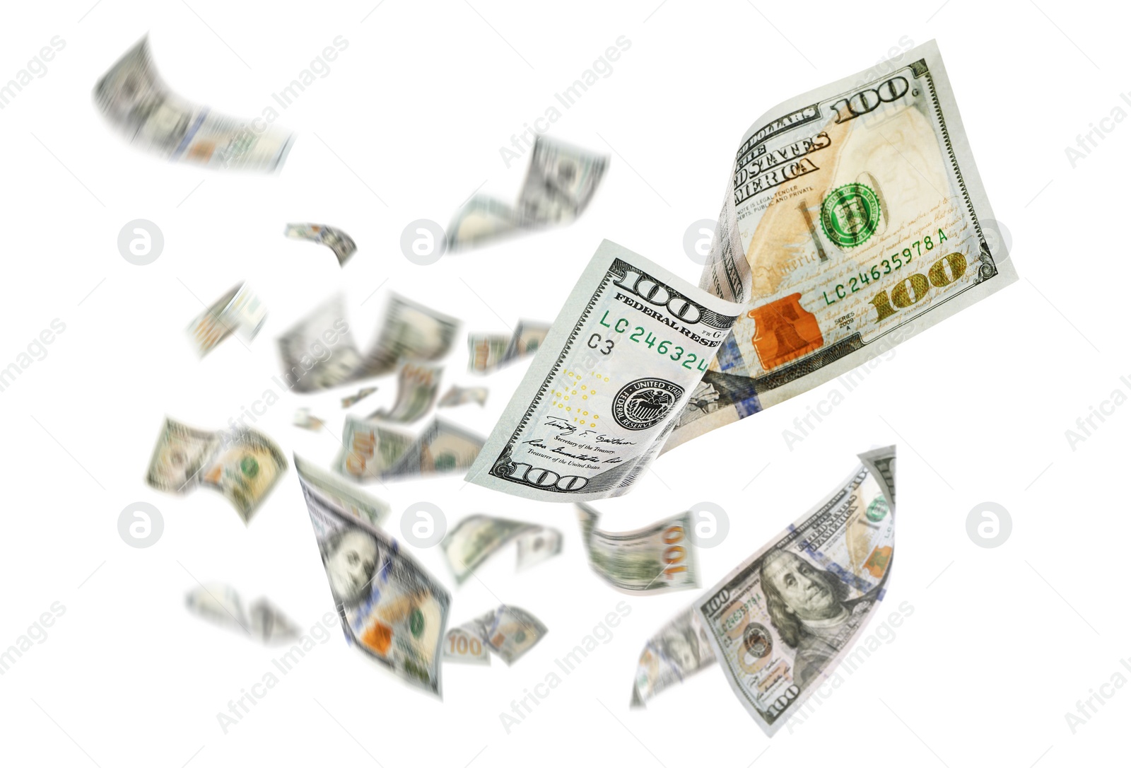 Image of Dollar banknotes flying on white background, collage 