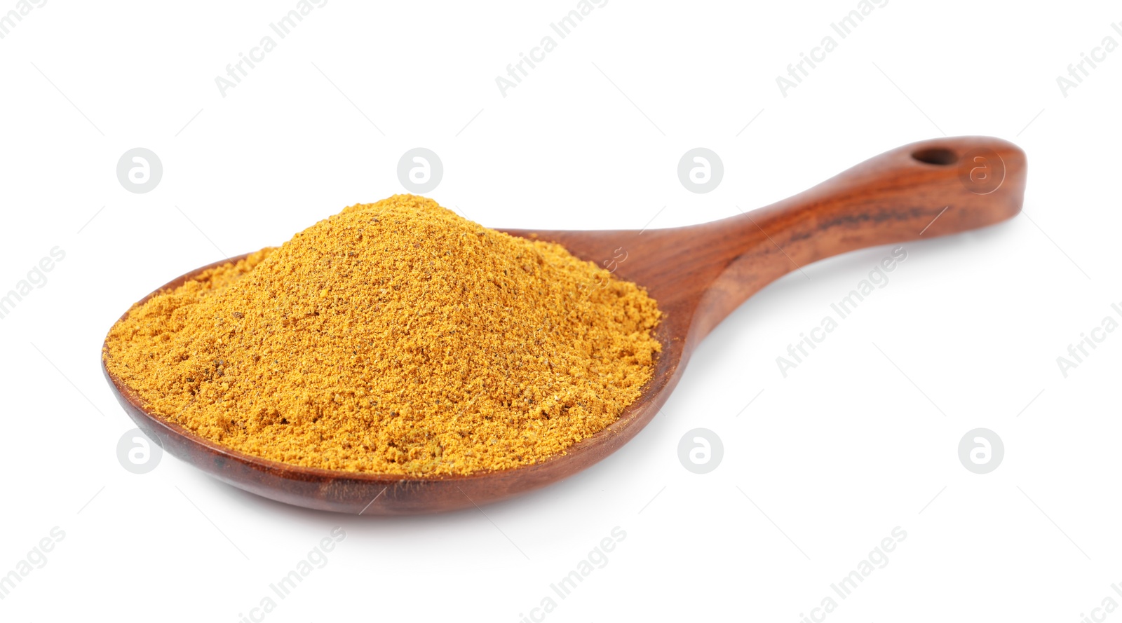Photo of Curry powder in spoon isolated on white