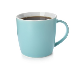 Photo of Blue ceramic cup with hot aromatic coffee on white background