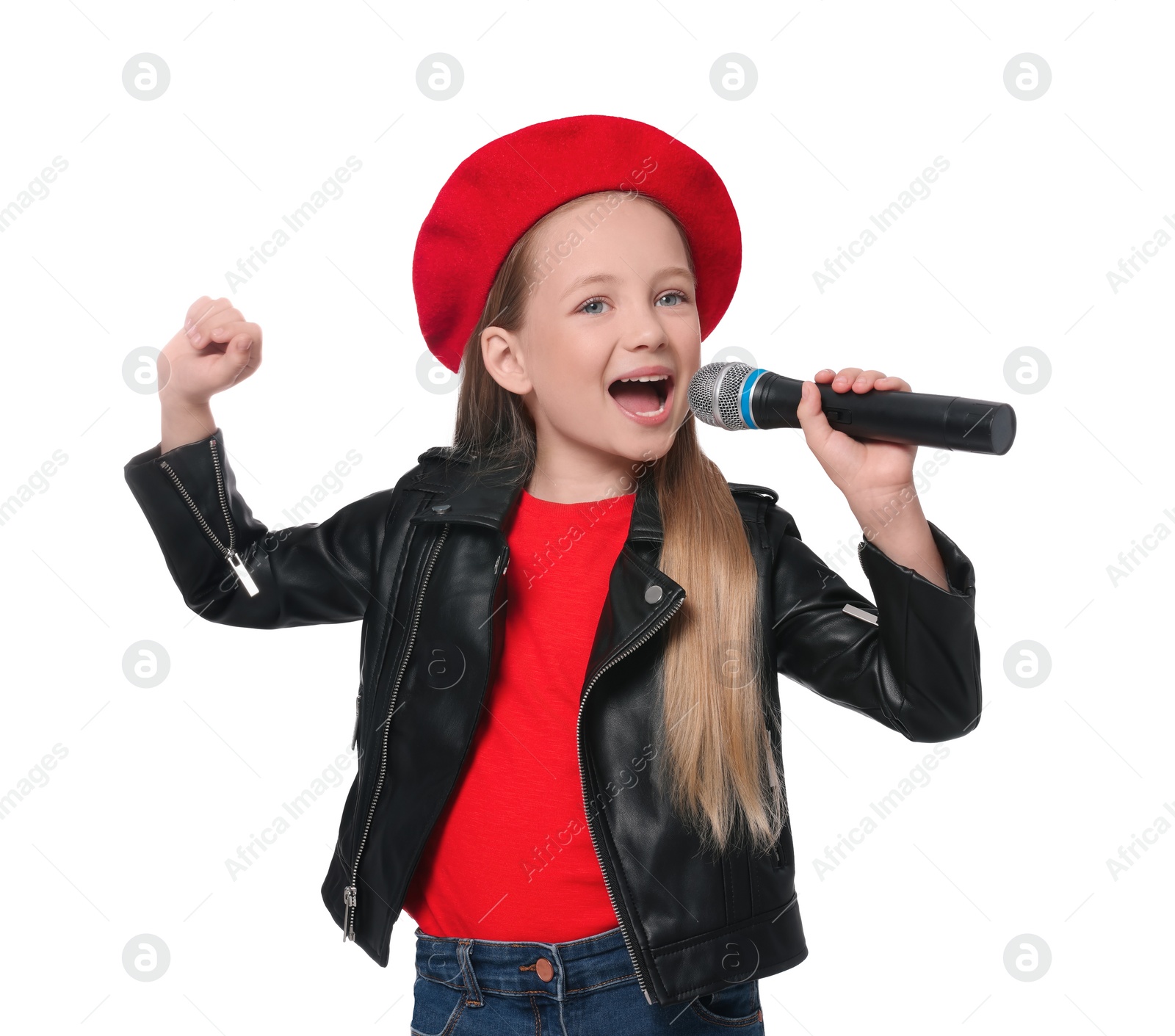 Photo of Cute little girl with microphone singing on white background