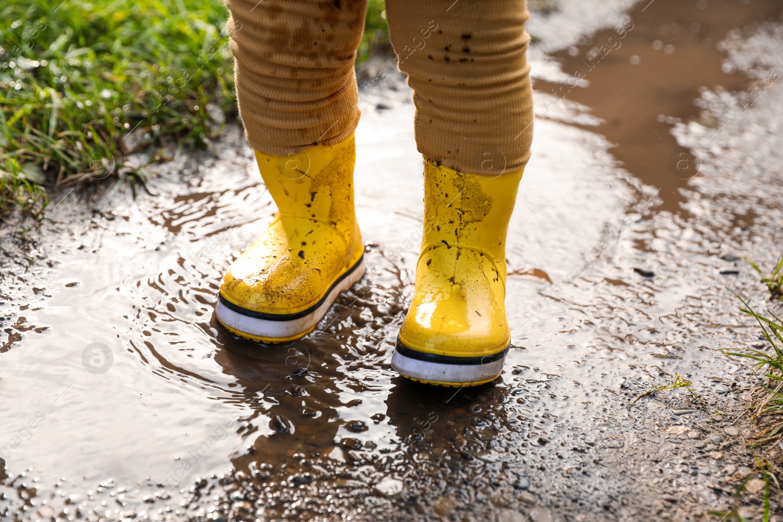 Photo of Little girl wearing rubber boots walking in puddle, closeup