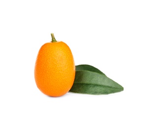 Photo of Fresh ripe kumquat with leaves isolated on white. Exotic fruit