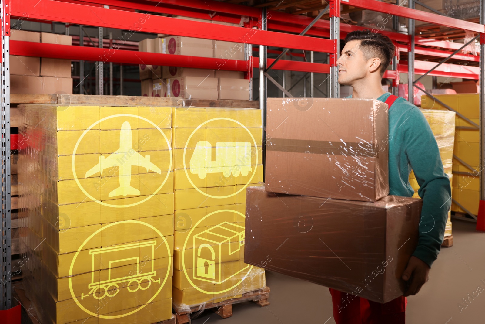 Image of Worker with cardboard boxes in warehouse. Wholesaling