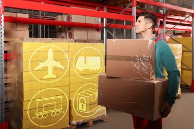Image of Worker with cardboard boxes in warehouse. Wholesaling
