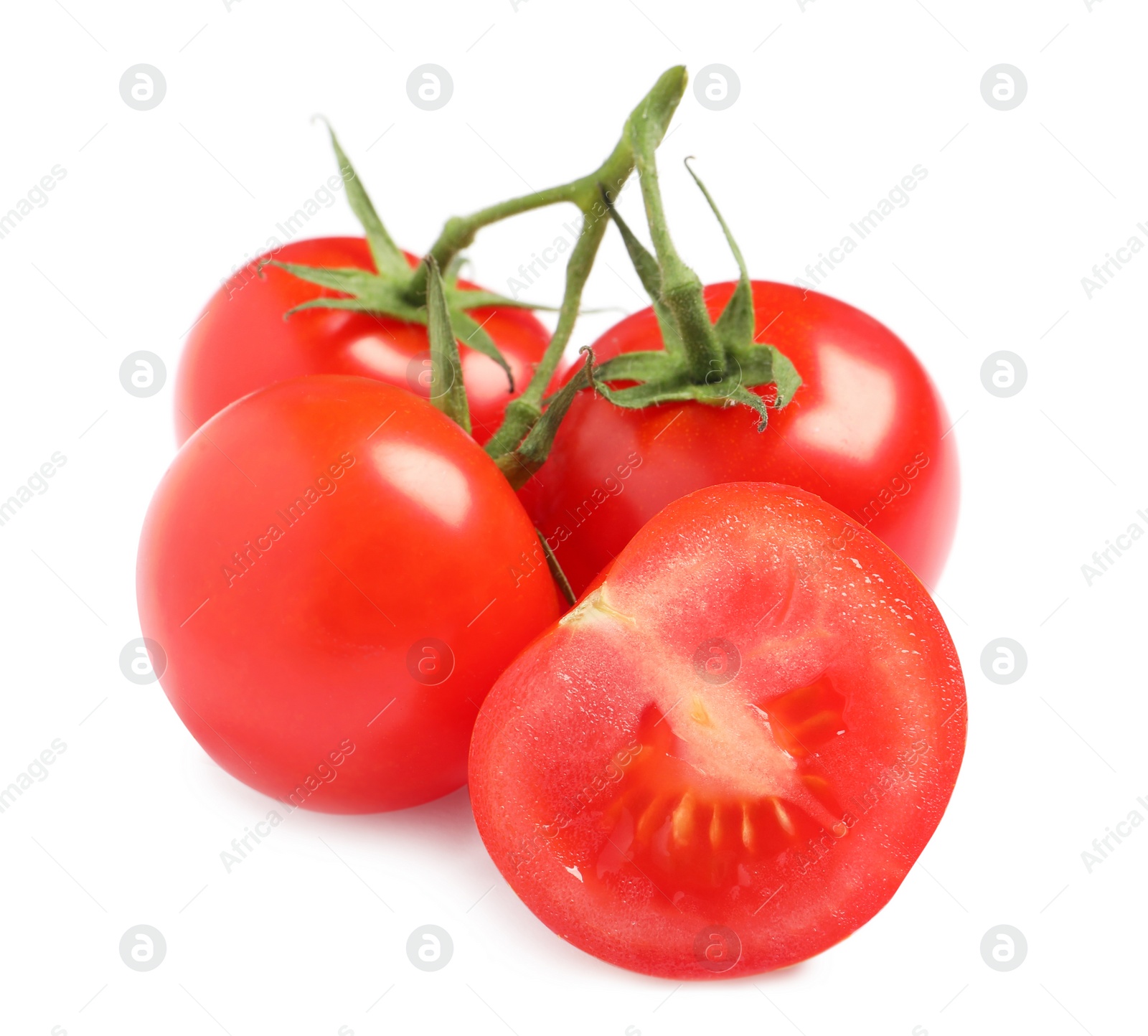 Photo of Branch of fresh cherry tomatoes isolated on white