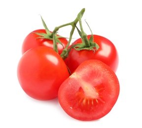 Photo of Branch of fresh cherry tomatoes isolated on white