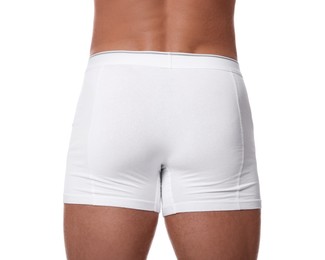 Photo of Young man is stylish underwear on white background, closeup