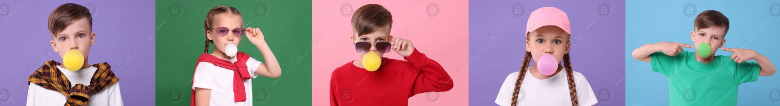 Image of Cute children blowing bubble gums on color backgrounds, set of photos