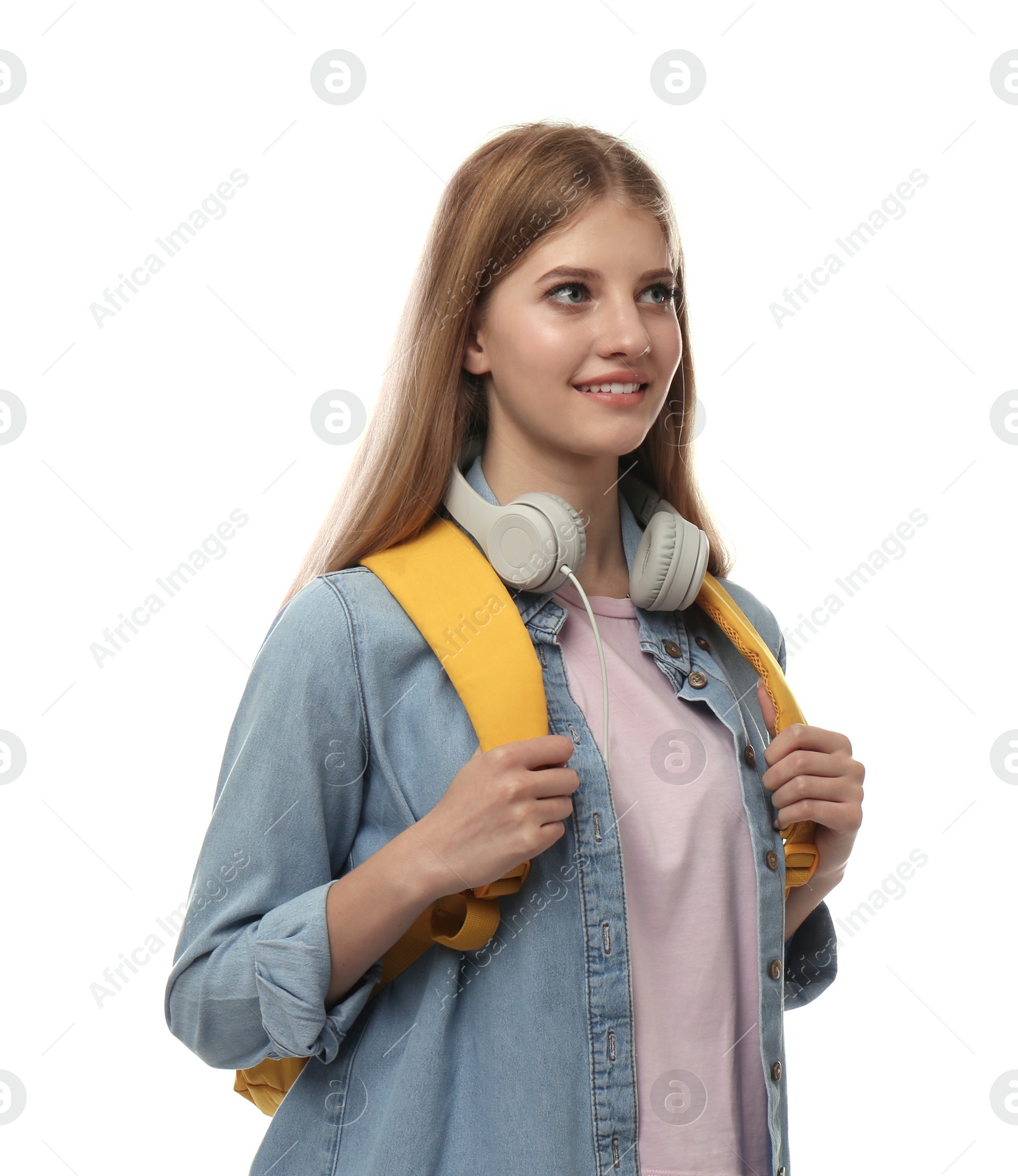 Photo of Teenage student with backpack and headphones on white background