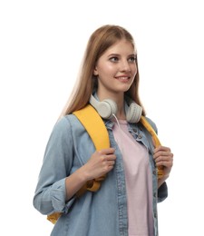 Teenage student with backpack and headphones on white background