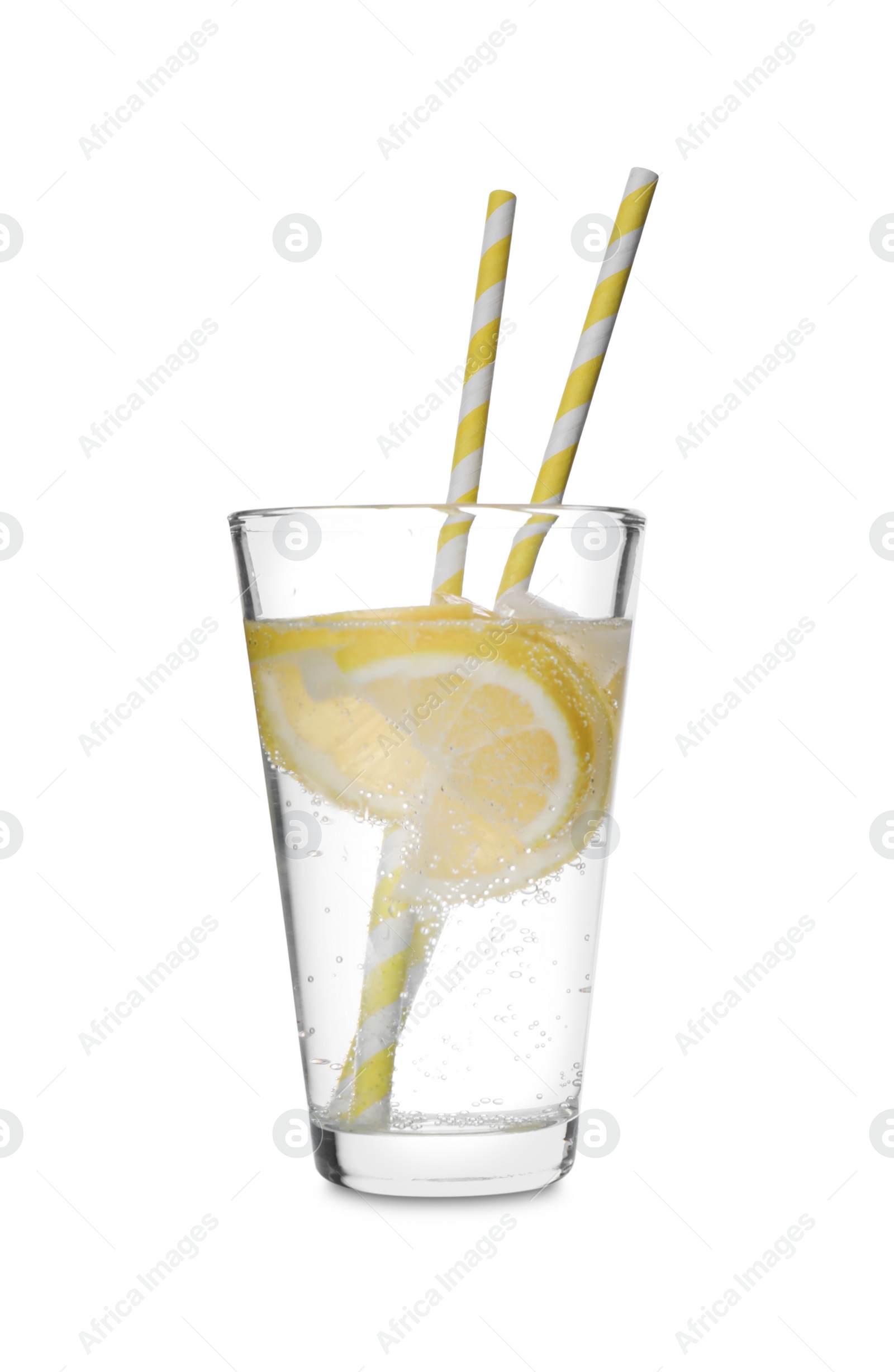 Photo of Soda water with lemon slices and straws isolated on white