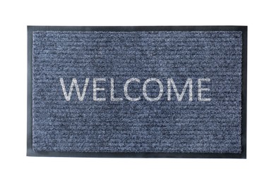 Grey door mat with word WELCOME isolated on white, top view