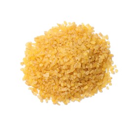 Photo of Pile of raw bulgur isolated on white, top view