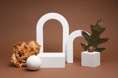 Photo of Autumn presentation for product. White geometric figures, dry leaves and acorn on brown background