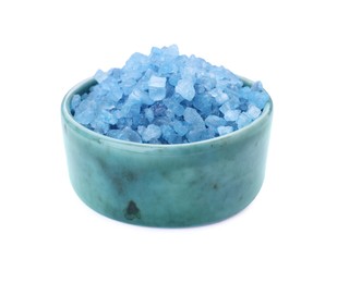 Photo of Bowl with blue sea salt isolated on white