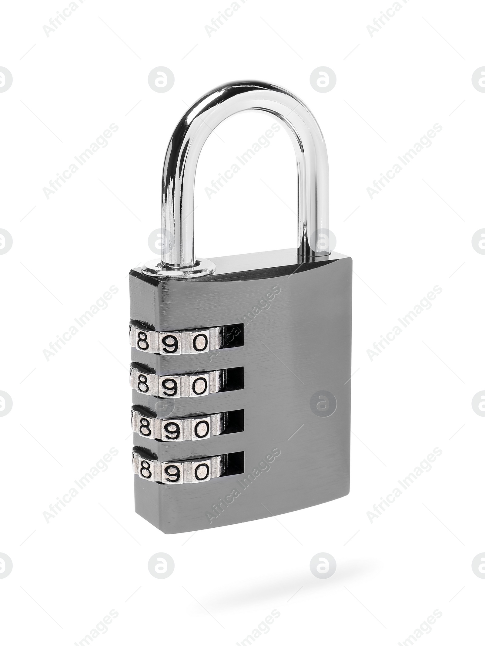 Photo of Locked steel combination padlock isolated on white