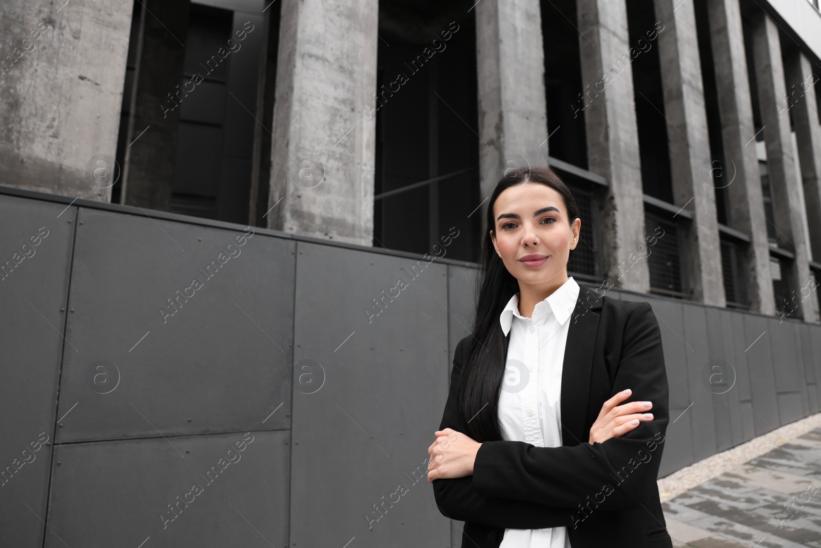 Photo of Portrait of beautiful woman outdoors, space for text. Lawyer, businesswoman, accountant or manager