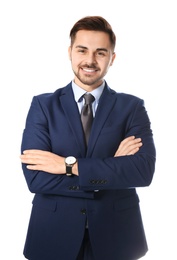 Photo of Portrait of successful businessman posing on white background