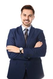 Portrait of successful businessman posing on white background