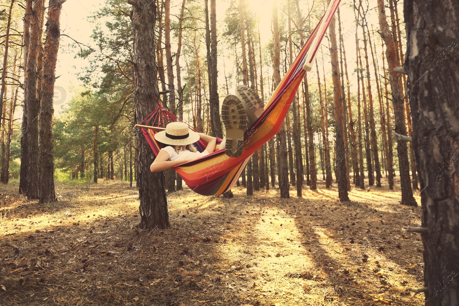 Photo of Woman resting in hammock outdoors on summer day