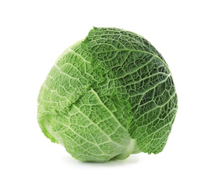 Photo of Fresh green savoy cabbage on white background