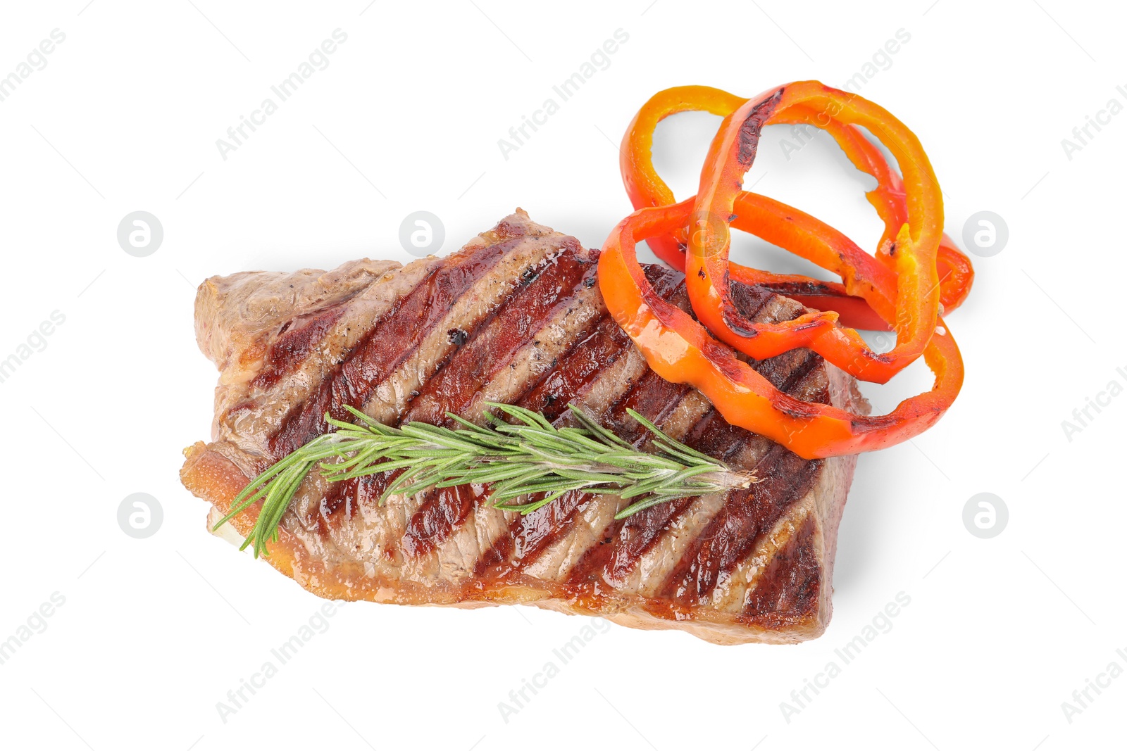 Photo of Delicious grilled beef steak with peppers and rosemary isolated on white, top view