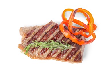 Delicious grilled beef steak with peppers and rosemary isolated on white, top view