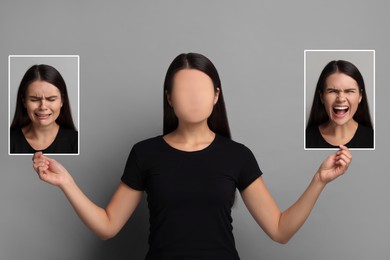 Personality crisis. Faceless woman holding her photo portraits showing different emotions on grey background