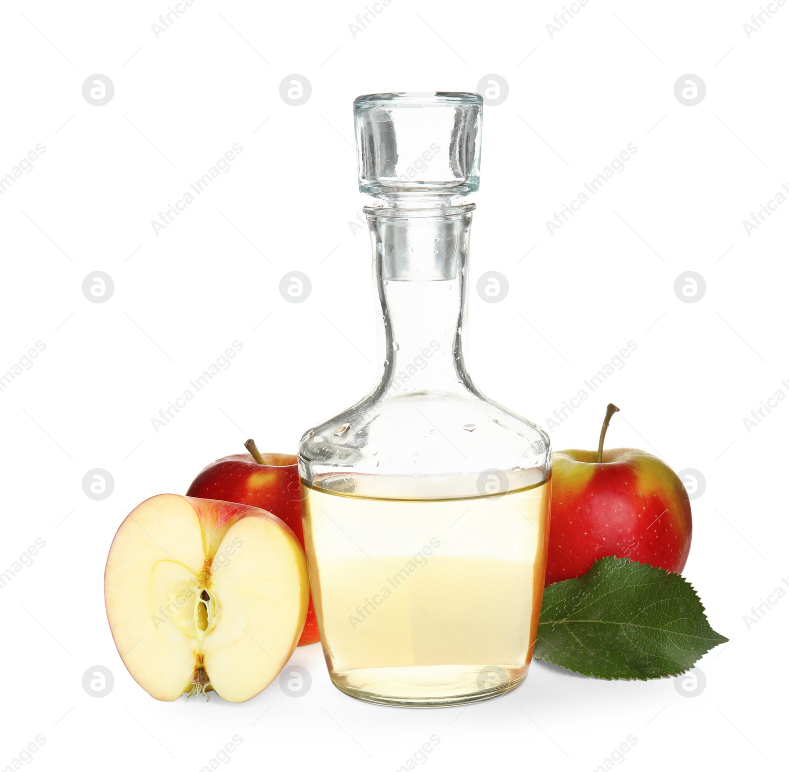 Photo of Natural apple vinegar and fresh fruits on white background