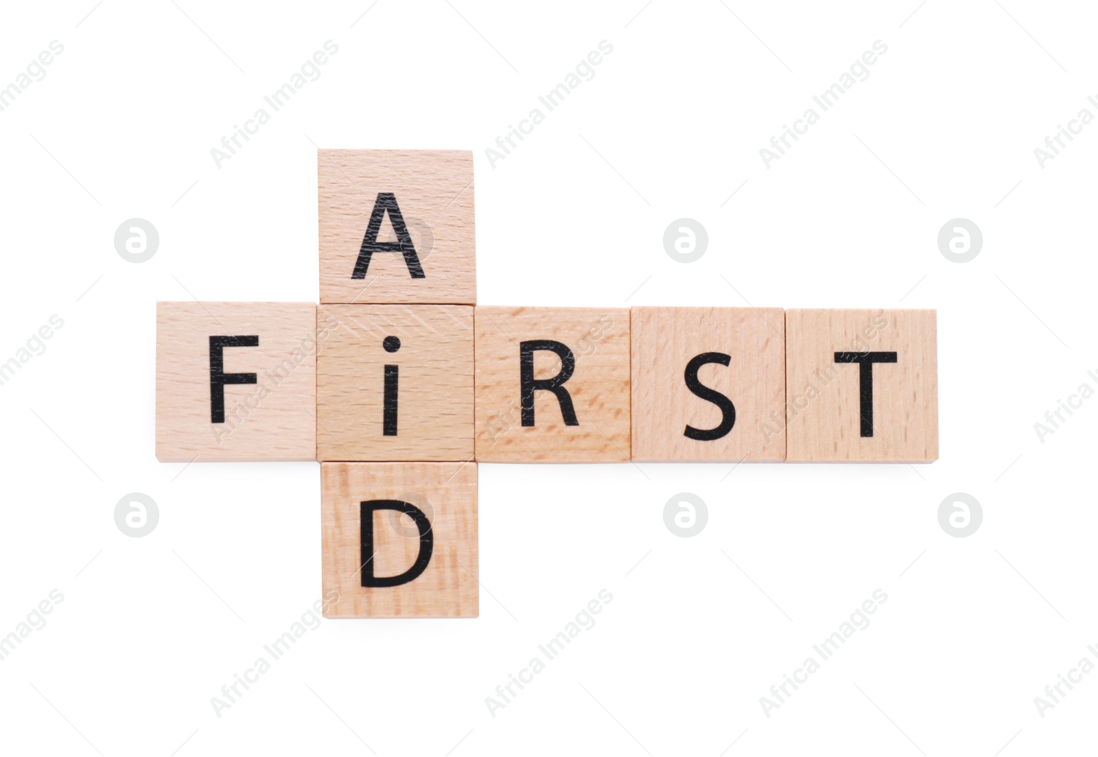 Photo of Words First Aid made of wooden cubes isolated on white, top view