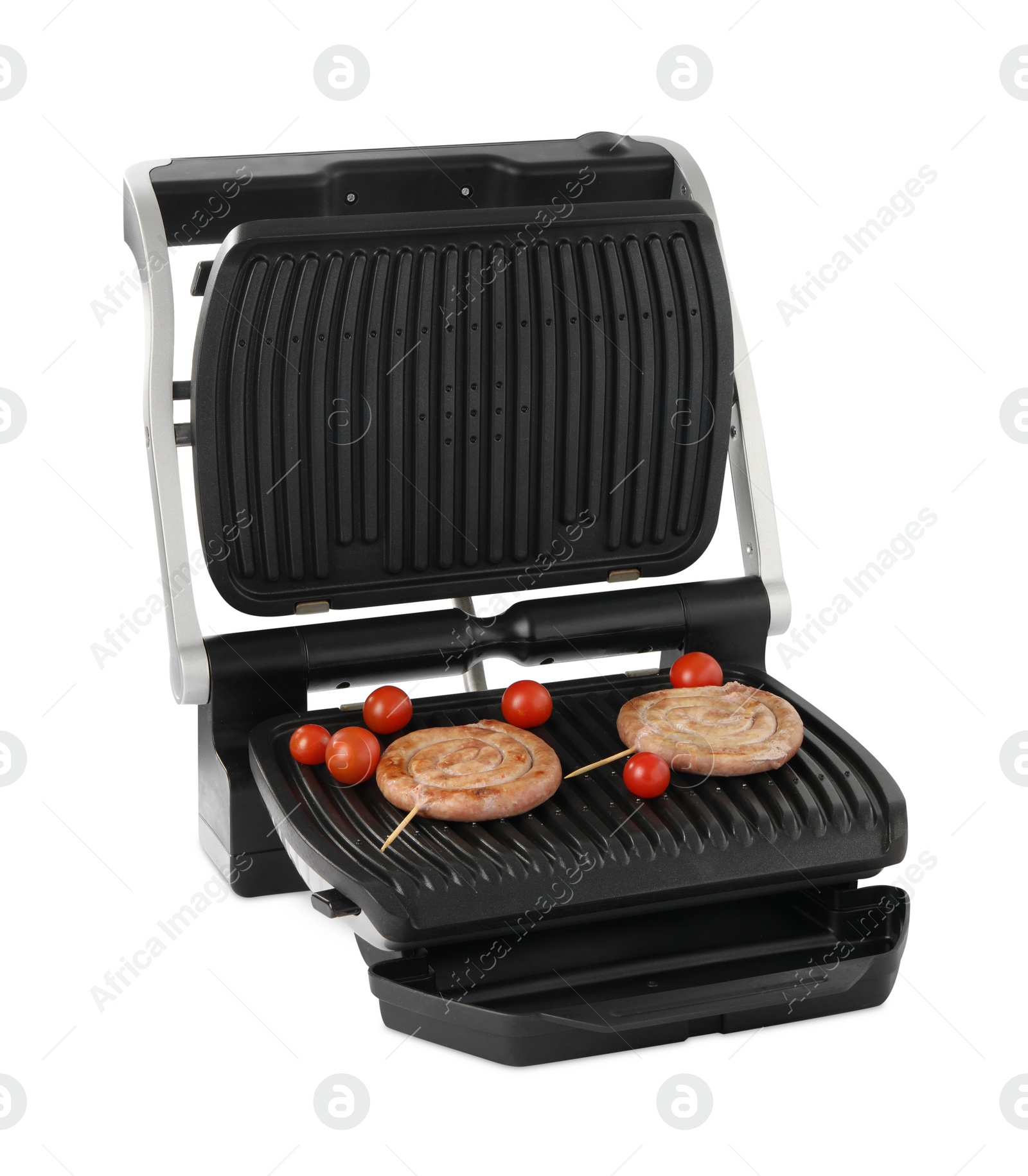 Photo of Electric grill with homemade sausages and fresh tomatoes isolated on white