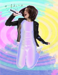 Image of Singer's performance poster. Woman with microphone on bright background