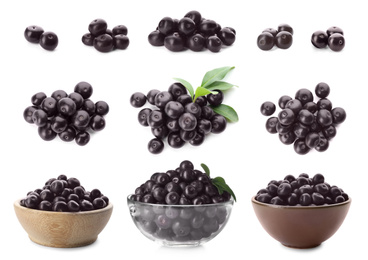 Image of Set of fresh acai berries on white background