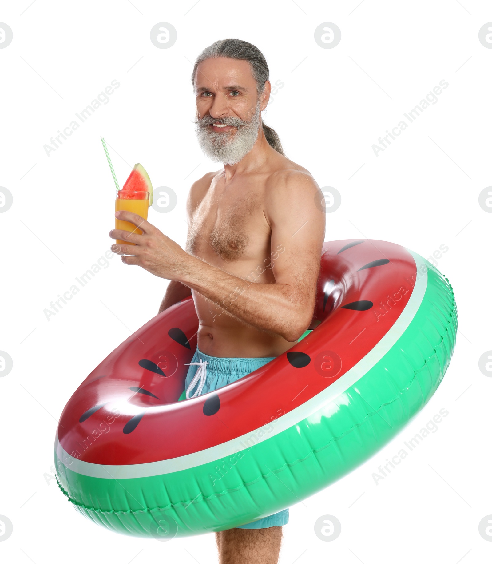 Photo of Shirtless man with inflatable ring and glass of cocktail on white background