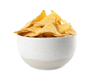 Photo of Bowl with tasty Mexican nachos chips on white background
