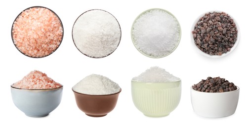Image of Set with different kinds of salt on white background. Banner design 
